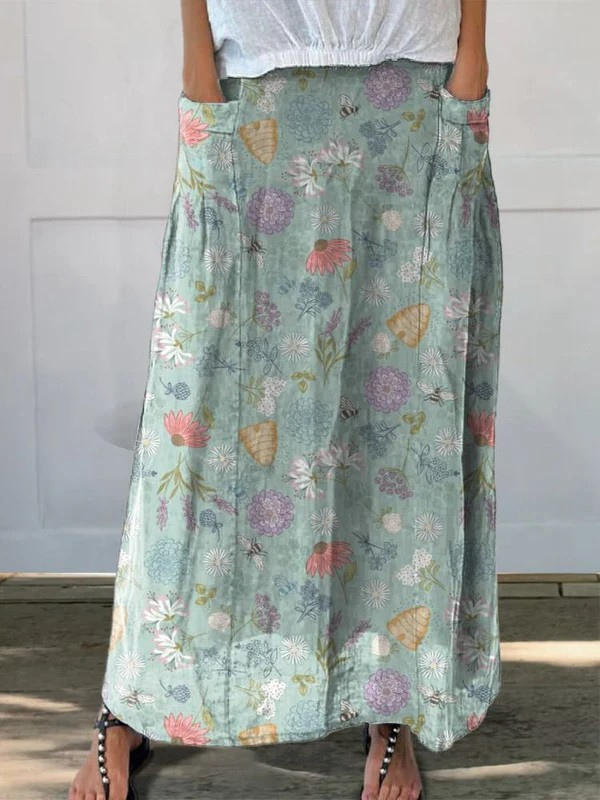 Blooming Spring Flower and Bumblebee Pattern Printed Women&