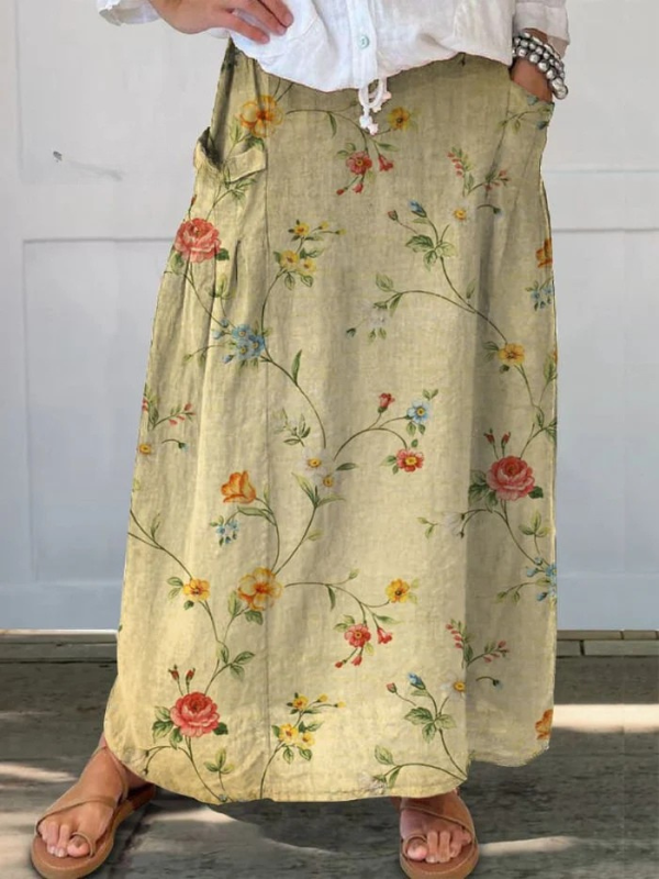 Elegant Retro Skirt for Women with Floral Pattern, Elastic Waistband and Pockets