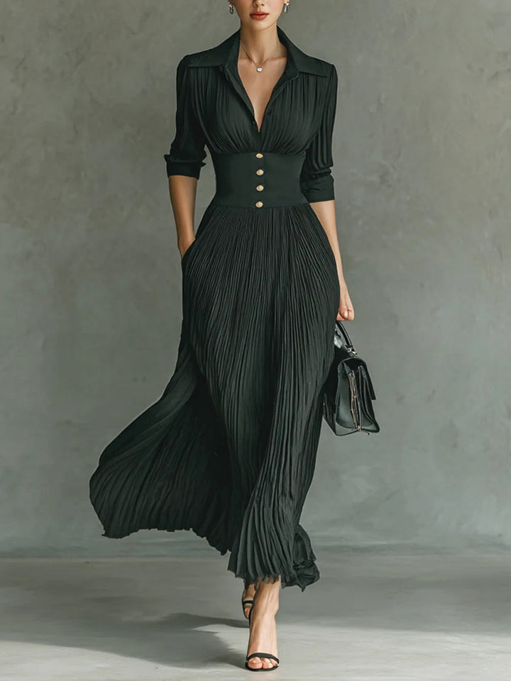 Elvira | Pleated Lapel-Collar Maxi Dress