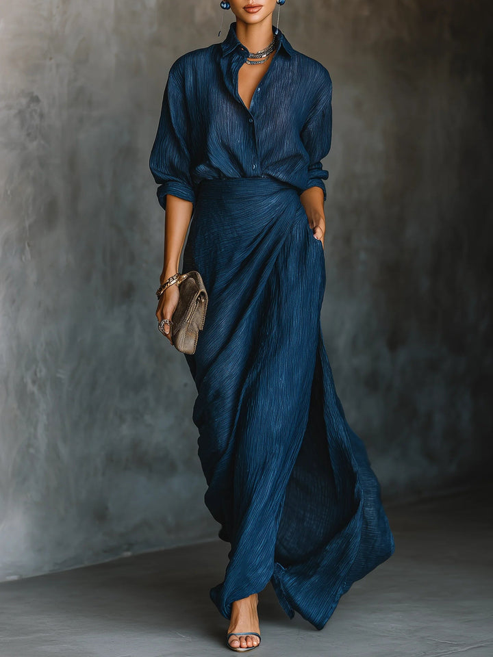 Cielo | Deep Blue Shirt &amp; Draped Maxi Skirt Set