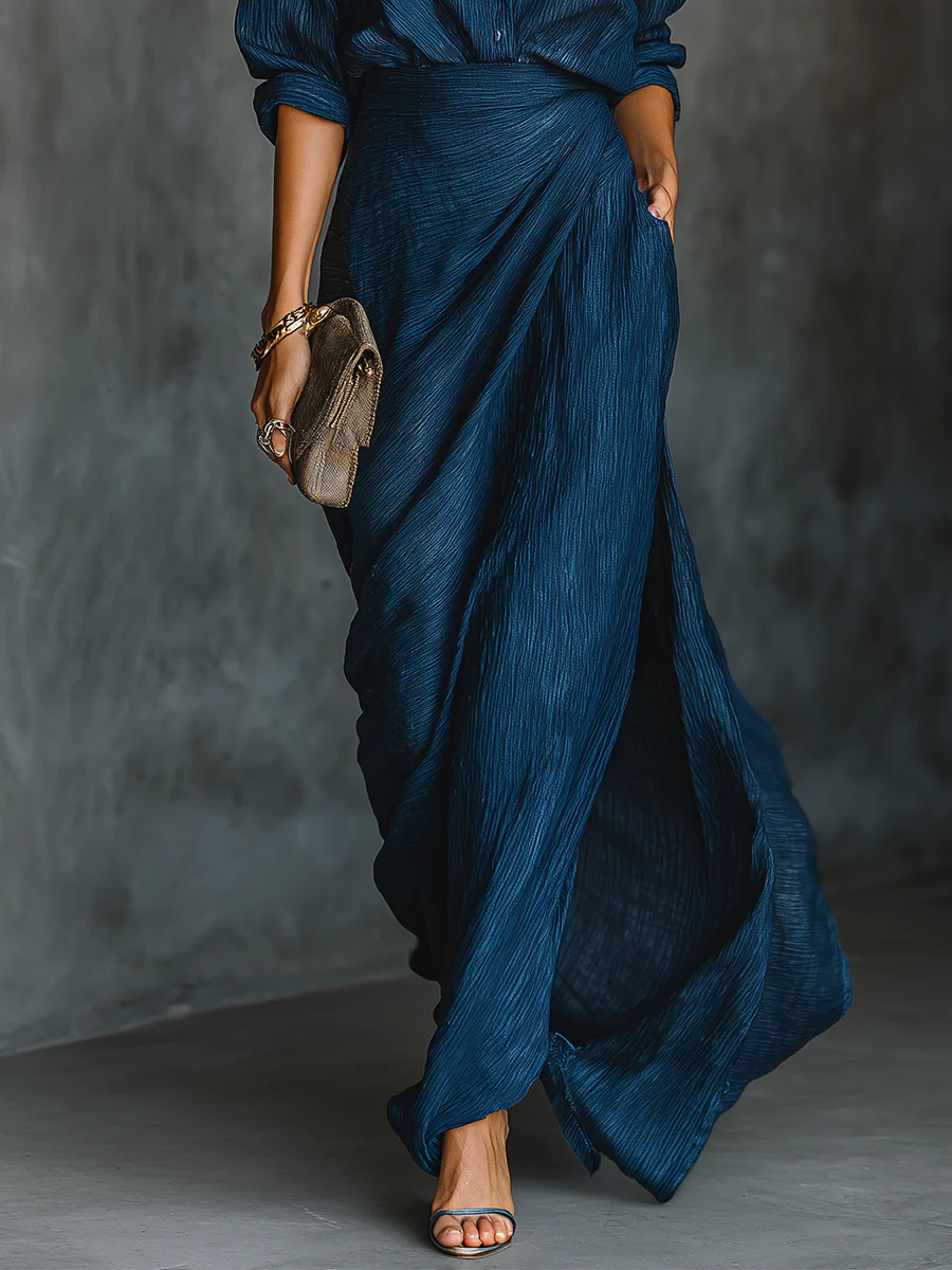 Cielo | Deep Blue Shirt &amp; Draped Maxi Skirt Set