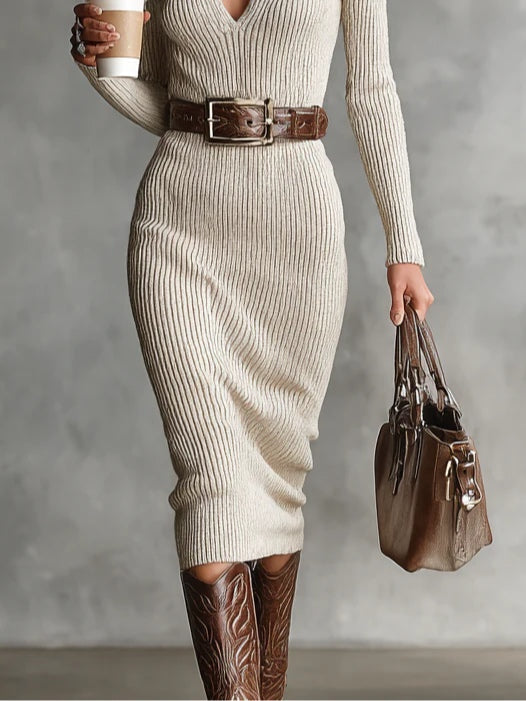 Clara | Belted Funnel-Neck Knitted Dress