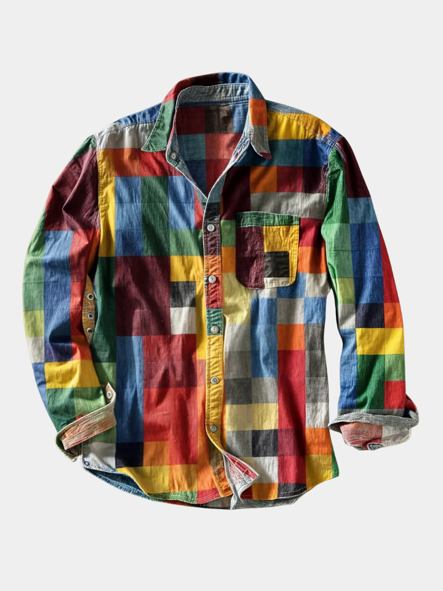 Hetty London Long Sleeve Colour Block Patchwork Shirt for Men
