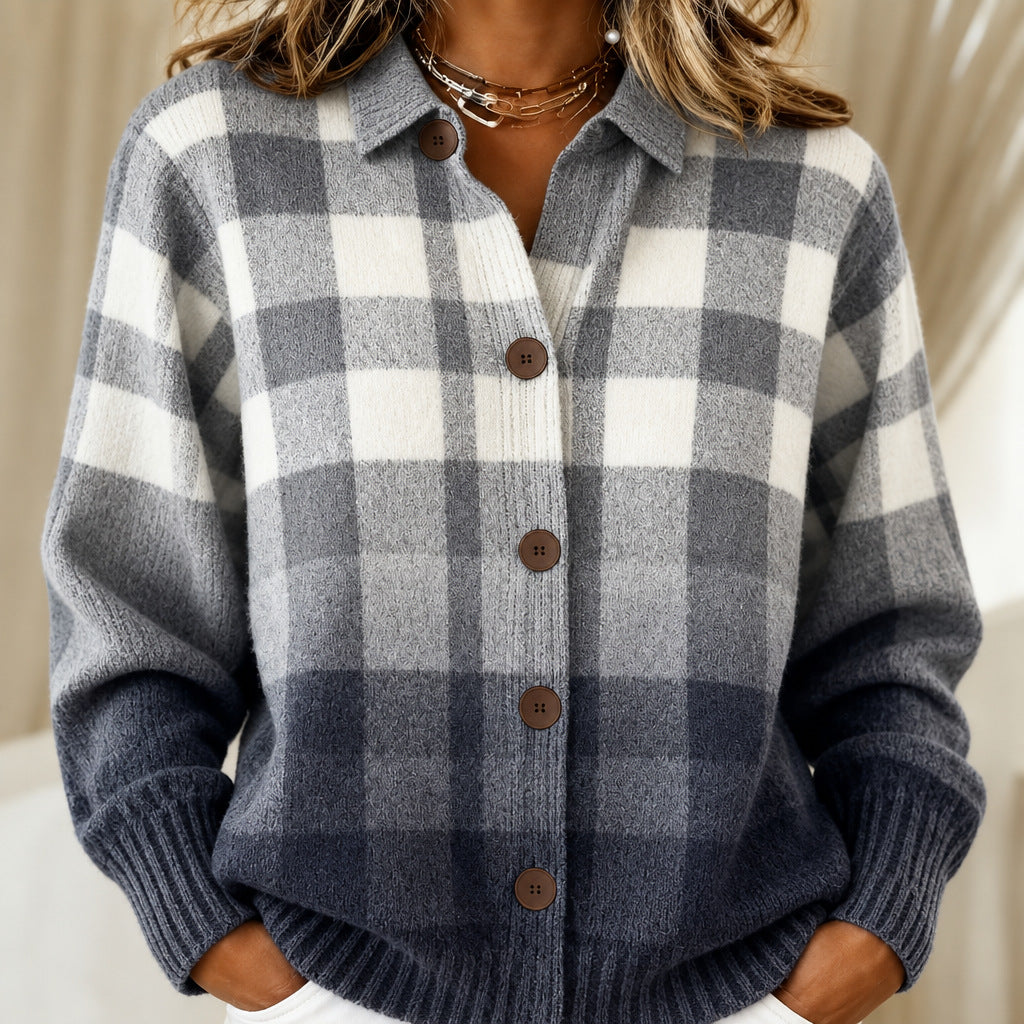 Agnes | Grey Ombré Check knitted jacket with Buttons