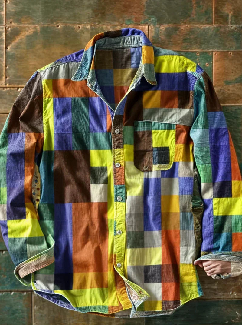 Hetty London Long Sleeve Colour Block Patchwork Shirt for Men