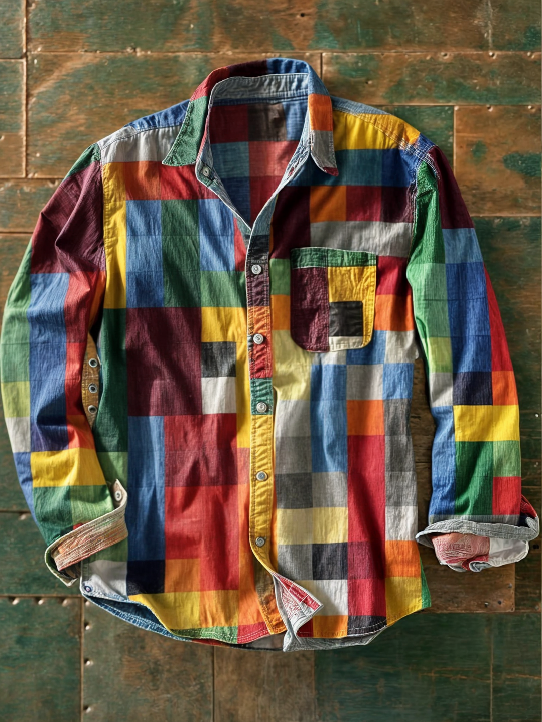 Hetty London Long Sleeve Colour Block Patchwork Shirt for Men