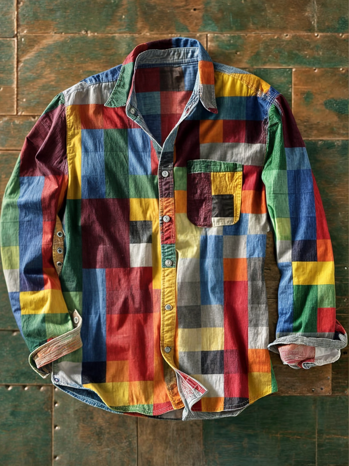 Hetty London Long Sleeve Colour Block Patchwork Shirt for Men