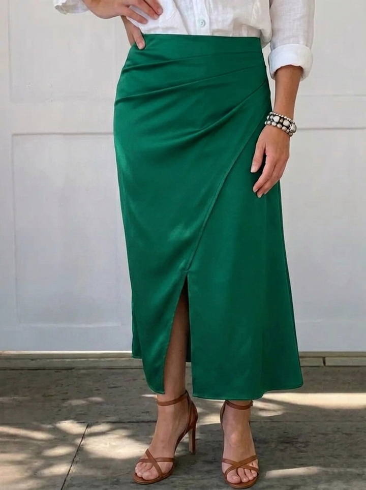 Satin Midi Skirt with Wrap Front and Split Hem