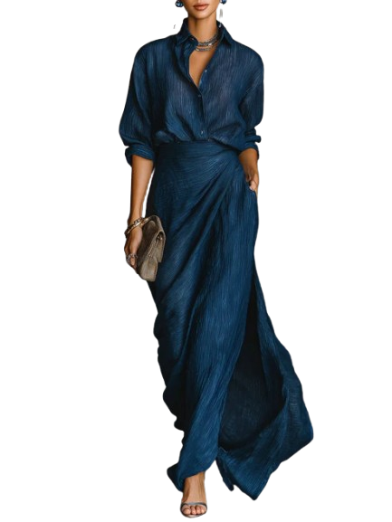 Cielo | Deep Blue Shirt &amp; Draped Maxi Skirt Set