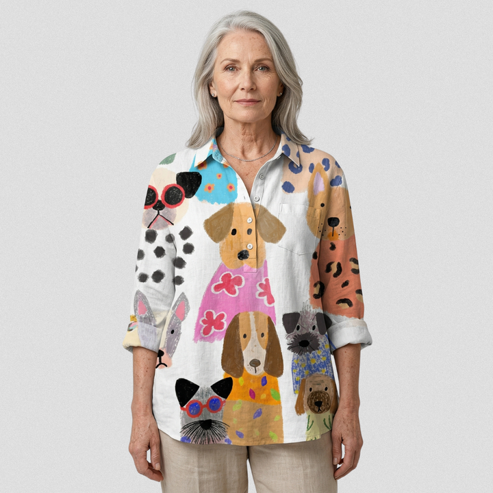 Ida | Casual Blouse with Colourful Cartoon Dog