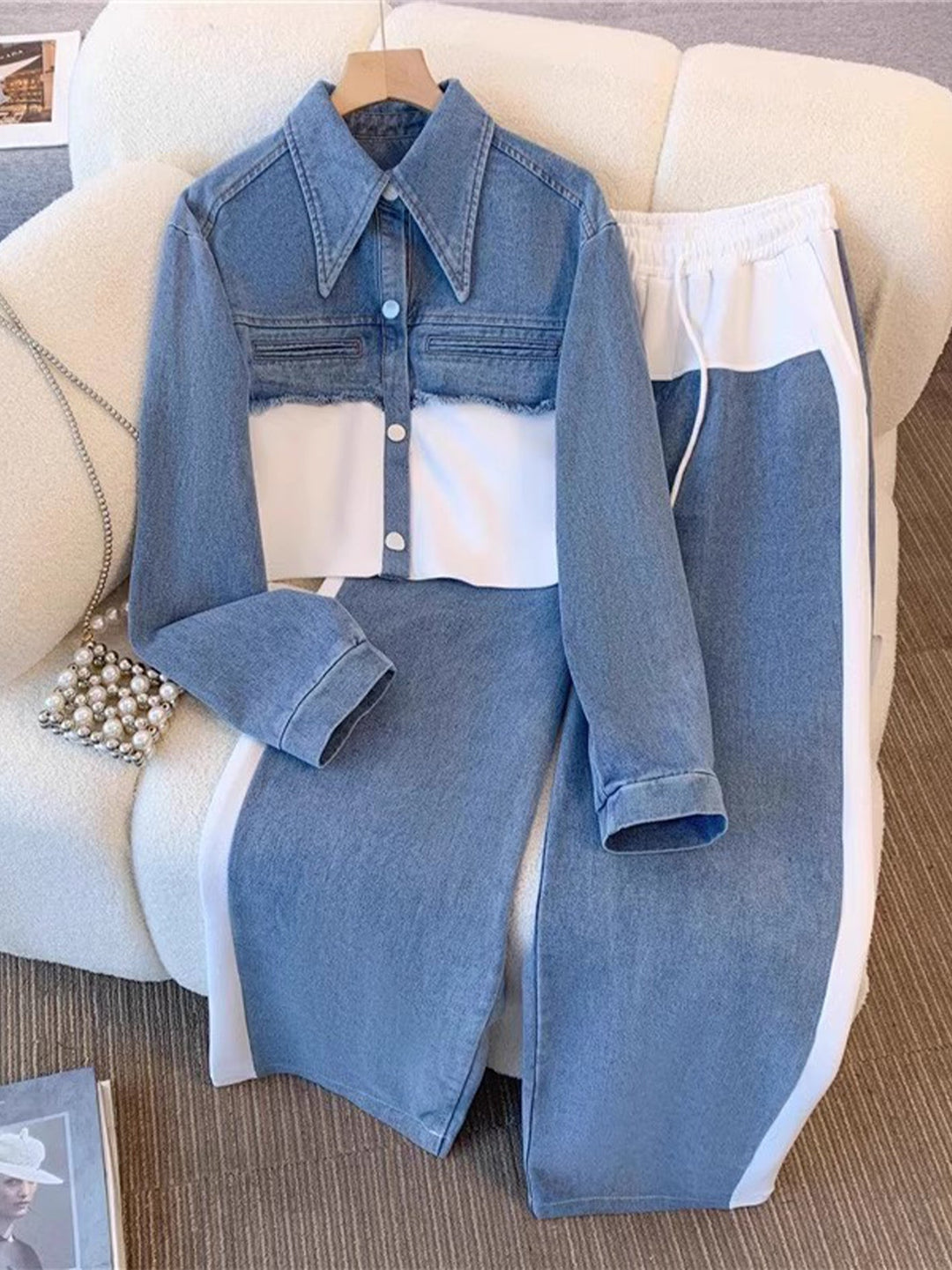 Natalie | Color-Block Cropped Jacket &amp; Wide-Leg Pants Set