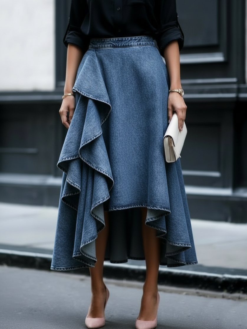 Chic Casual Layered Ruffle Denim Skirt