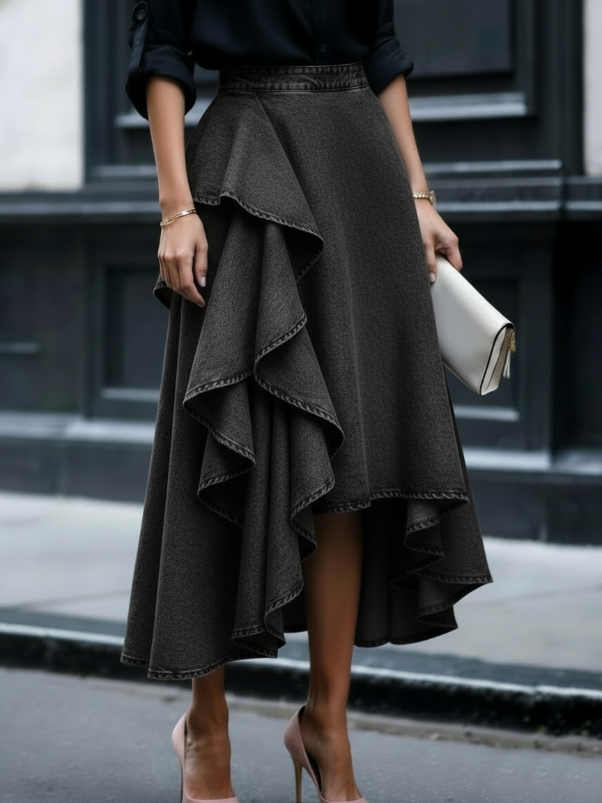 Chic Casual Layered Ruffle Denim Skirt