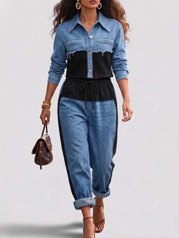 Natalie | Color-Block Cropped Jacket &amp; Wide-Leg Pants Set