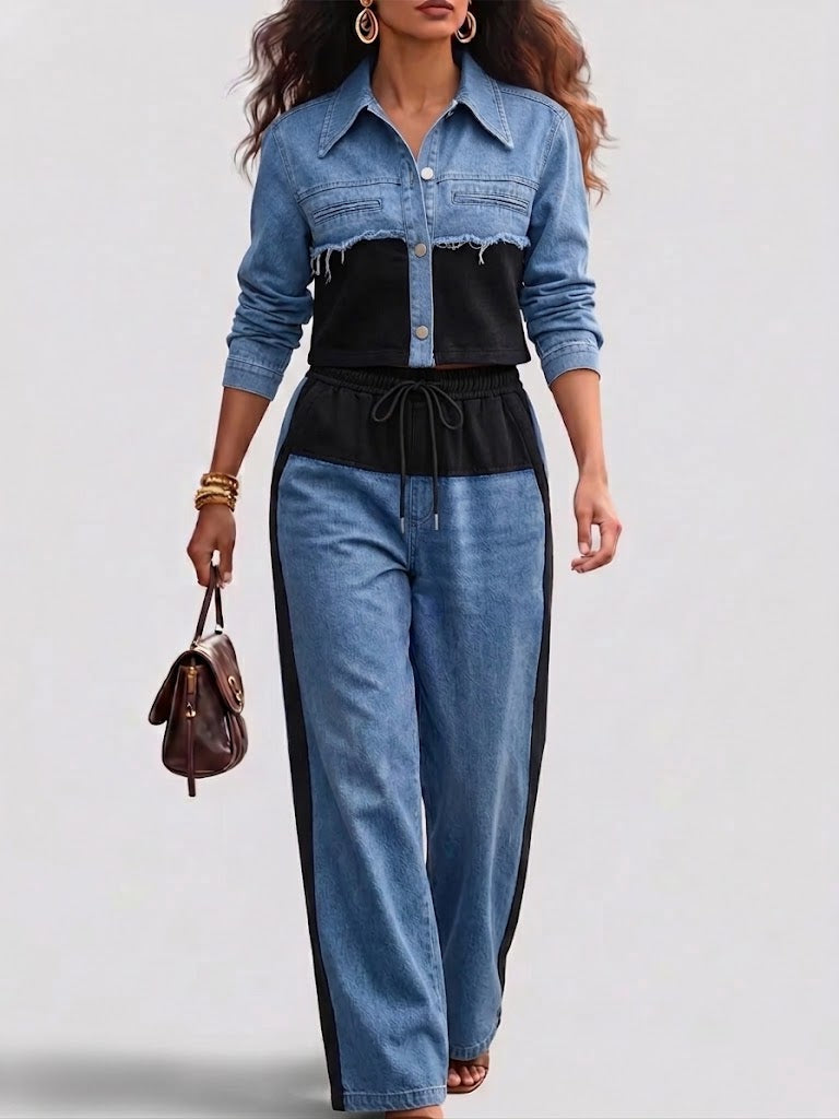 Natalie | Color-Block Cropped Jacket &amp; Wide-Leg Pants Set