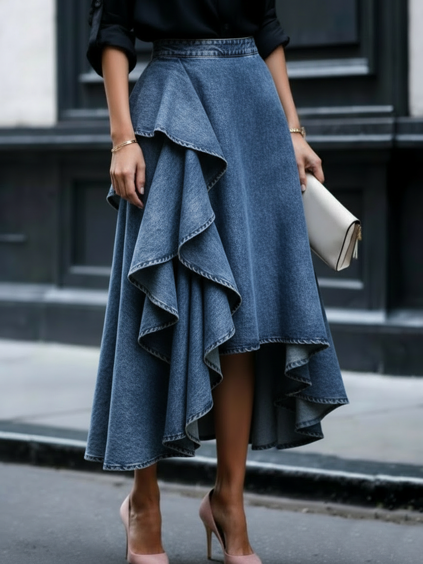 Chic Casual Layered Ruffle Denim Skirt
