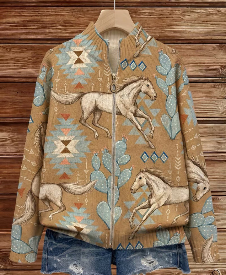 Kathryn | Horse &amp; Cactus Print Zip-Up Cardigan